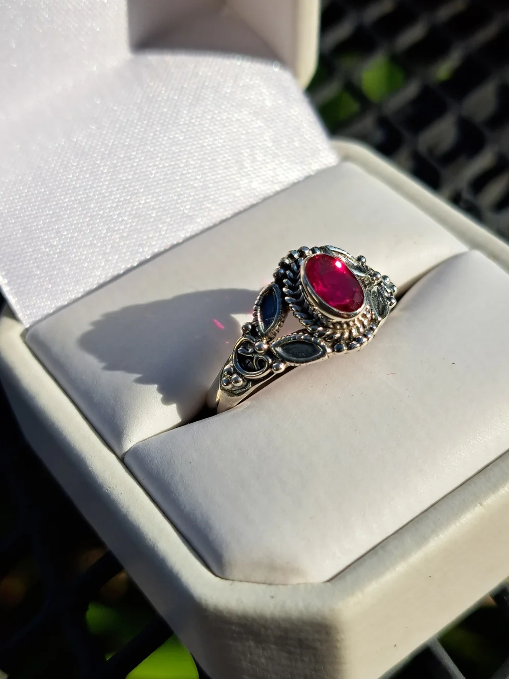 Sterling Silver Rubellite Gemstone Ring - Elegant Floral Design Sz 7 - Picture 3 of 5